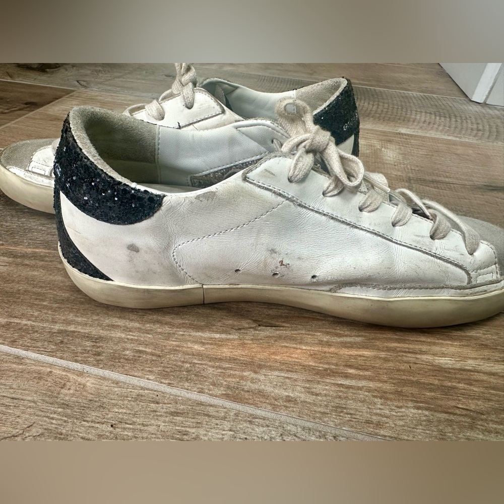 Golden Goose White Leather Sneaker with Pink Glitter Star and Black Heel - Picture 6 of 9
